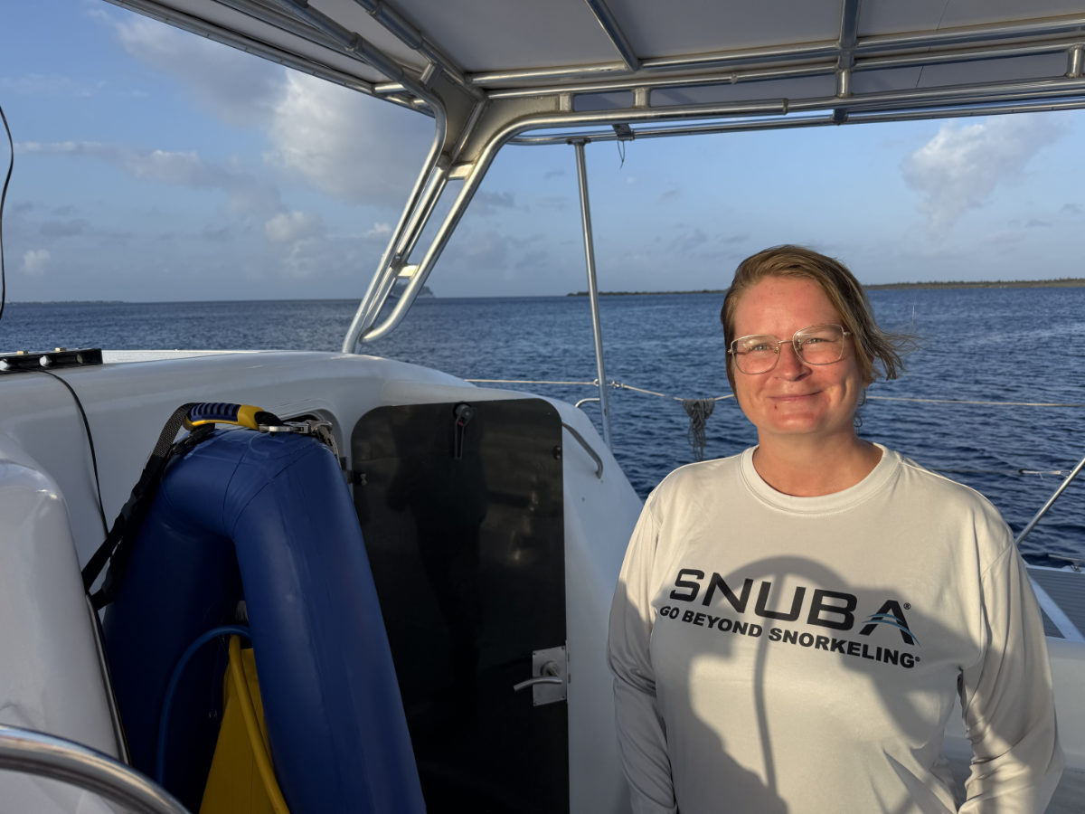 Heidi Uimonen, co-founder of SNUBA Bonaire, aboard the Mushi Mushi