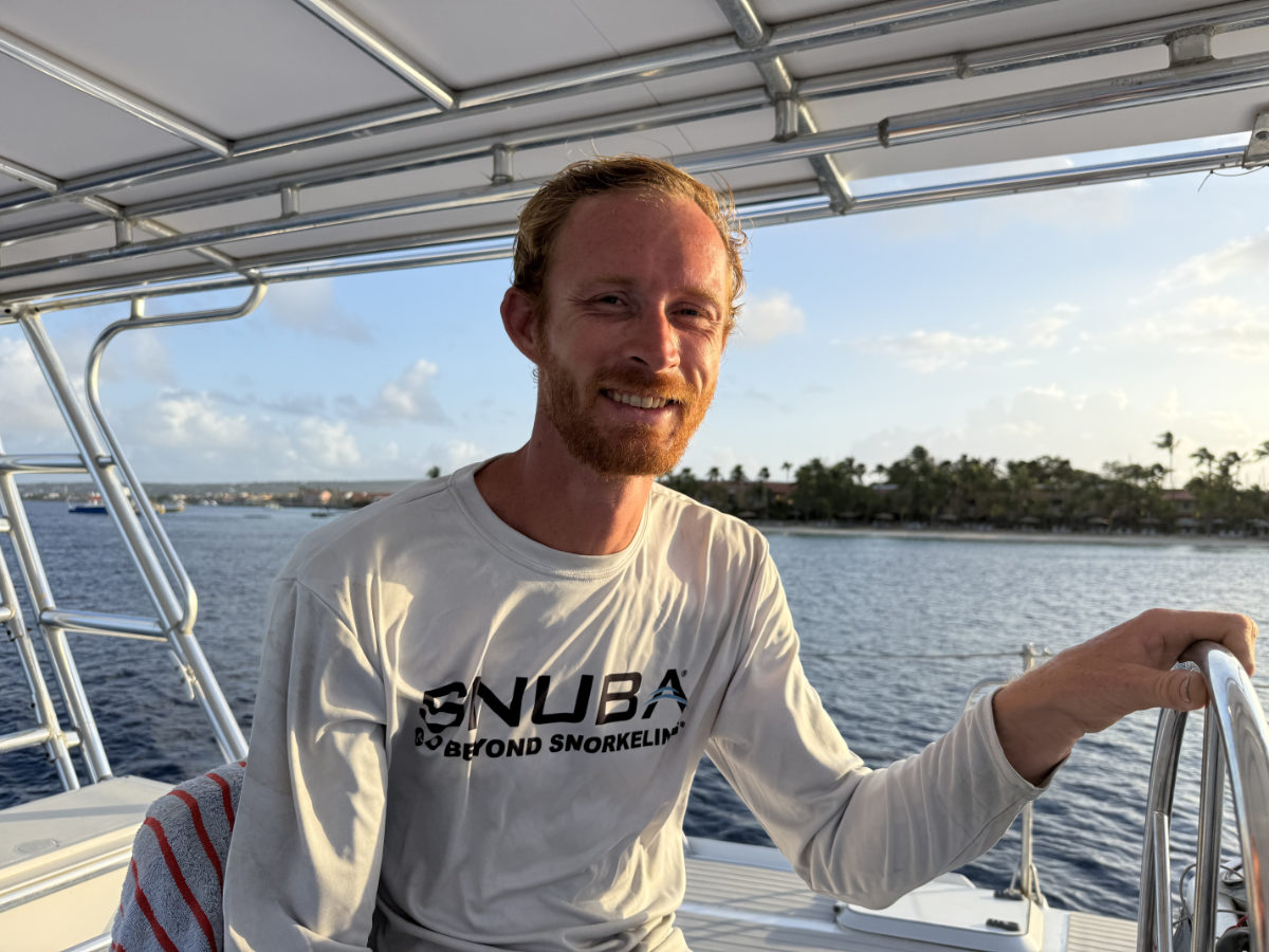 Patrick Loonstra, co-founder of SNUBA Bonaire, at the helm of the Mushi Mushi